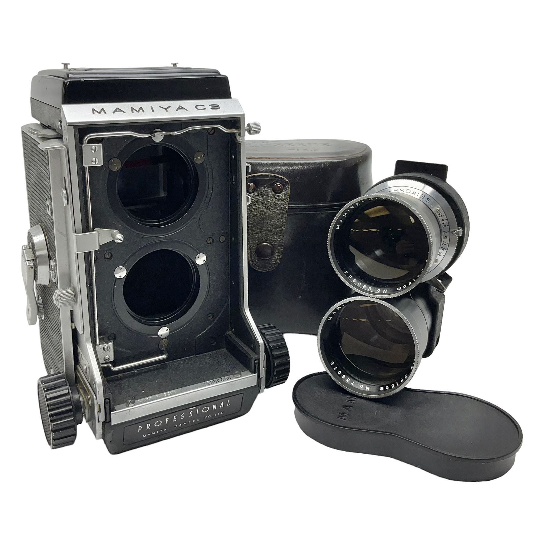 Mamiyaflex C3 TLR camera body, serial no. 2399634, with 'Mamiya Sekor 1:4.5 f=18cm' lens, serial no. 690864 and 736076