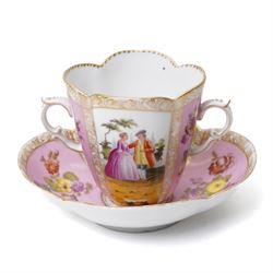 Two 19th century Dresden quatrefoil twin handled chocolate cups and saucers, decorated with Watteau style panels, with pink and yellow floral ground and gilt heightened decoration, blue 'AR' mark to underside for Helena Wolfsohn (2)