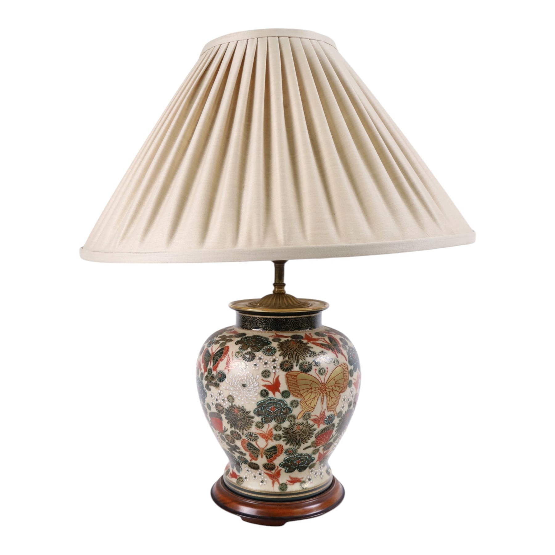 Japanese ceramics table lamp, decorated with flowers and butterflies upon a circular wooden base, H52cm