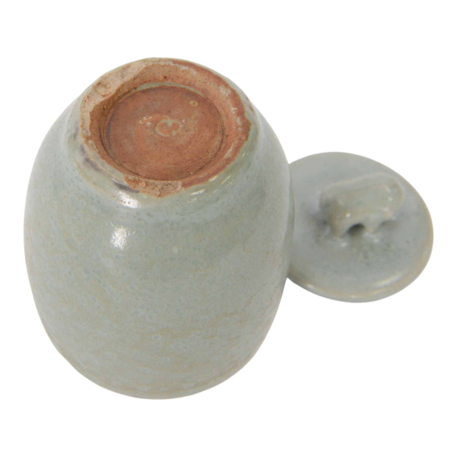 Celadon longquan lidded bowl with lotus decoration, together with another lidded jar with elephant finial, tallest H15cm 