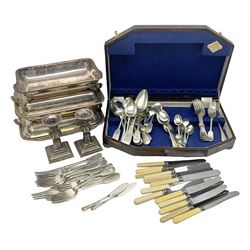 Collection of silver plated items, including cased part canteen of cutlery, loose cutlery, tureens and a pair of candlesticks