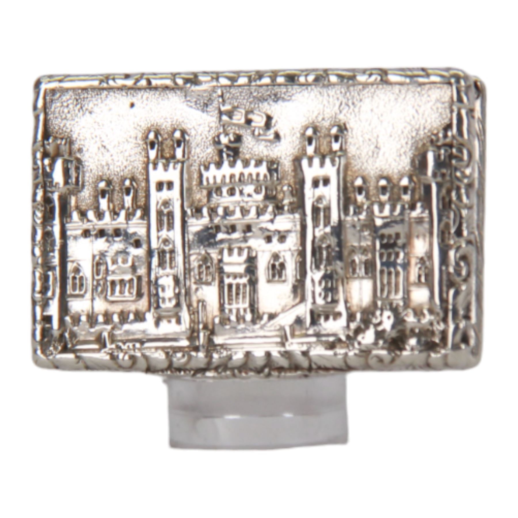 Victorian silver castle-top vinaigrette, of rectangular form, the hinged cover relief embossed with Windsor Castle, opening to reveal a foliate pierced grille, hallmarked Gervase Wheeler, Birmingham 1839, W4cm