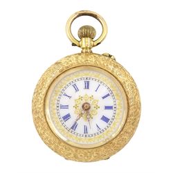 Early 20th century 14ct gold open face, keyless cylinder fob watch, white enamel dial with...