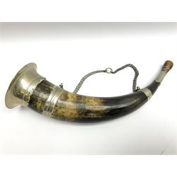 Horn hunting bugle with hallmarked silver chain and white metal central plaque and mounts