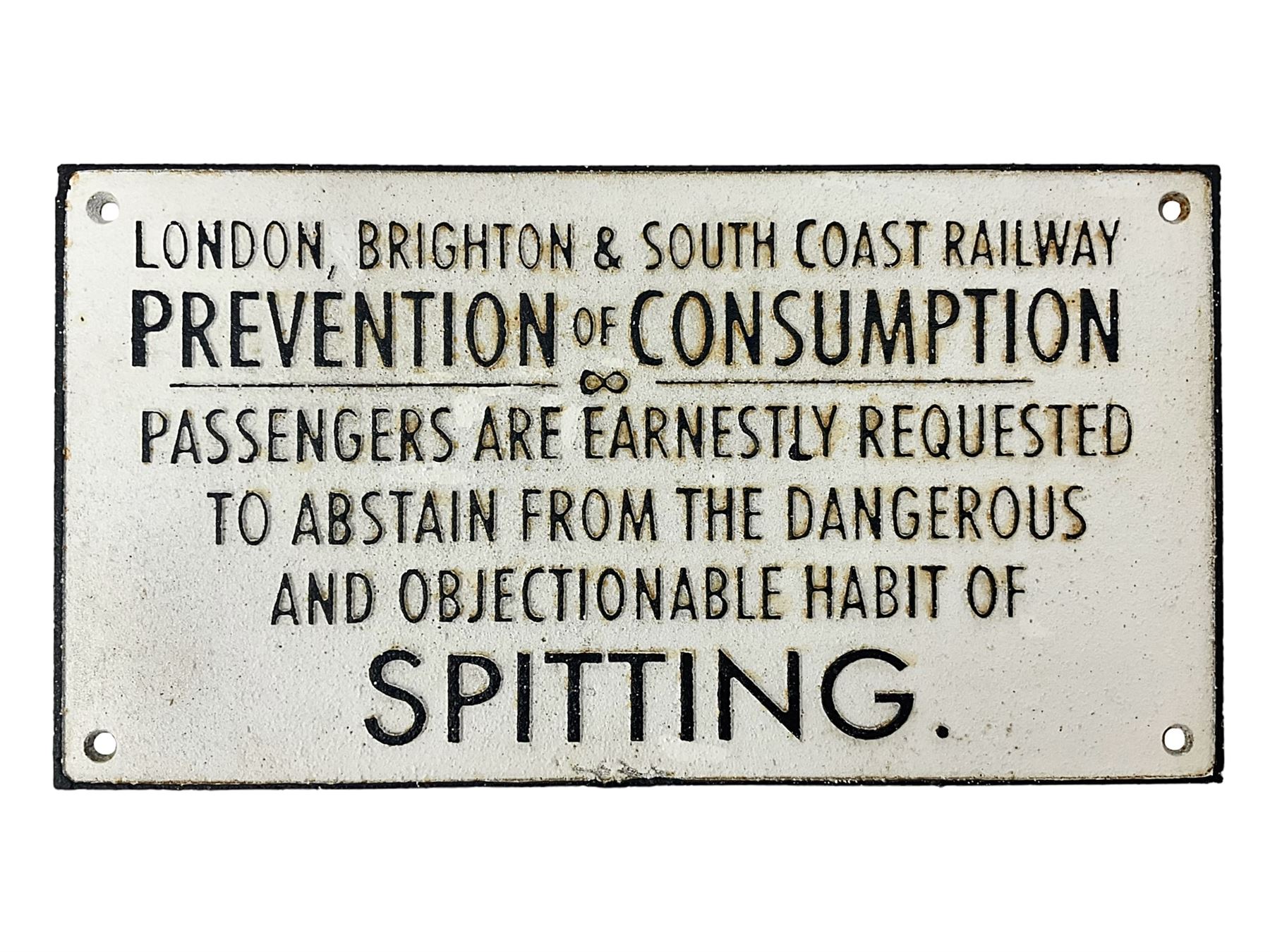 Cast iron London Brighton & South Coast Railway prevention of consumption and spitting sign, L29cm
