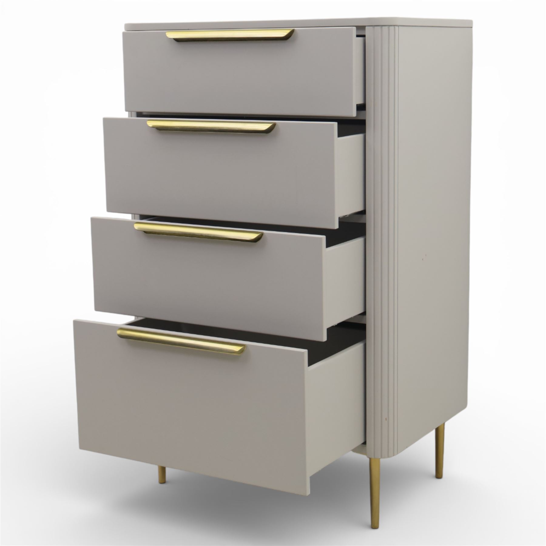 Made.com - 'Ebro' grey four drawer chest, gold painted metal shaped handles, rounded corners with fluted detail, raised on gold painted metal tapered supports