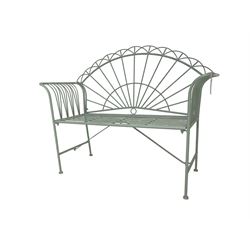 Regency design wrought metal bench, the fan back over out-swept arms, strap seat on supports united by stretchers, in pale teal finish