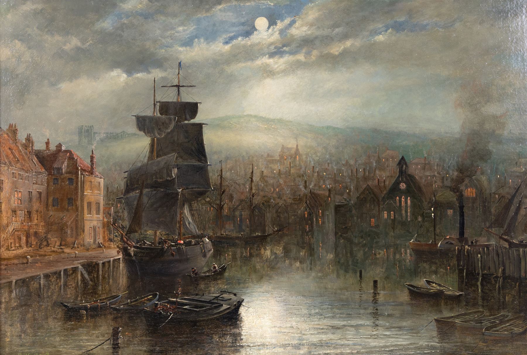 Richard Weatherill (British 1844-1923): Dock End Whitby by Moonlight, oil on canvas signed 53cm x 79cm 
Provenance: private collection, purchased David Duggleby Ltd 21st February 2005 Lot 660