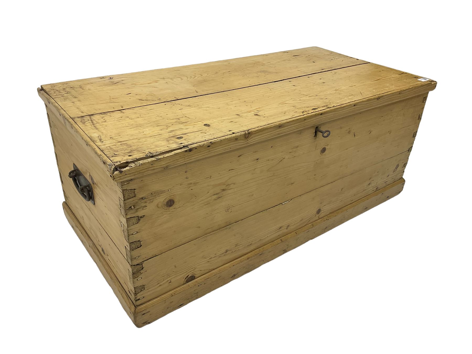 Victorian pine blanket box, hinged lid, with metal carrying handles