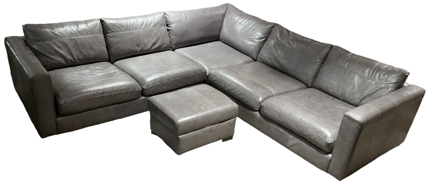Sofa Workshop - five-seat corner sofa; matching footstool; upholstered in Italian grey leather 