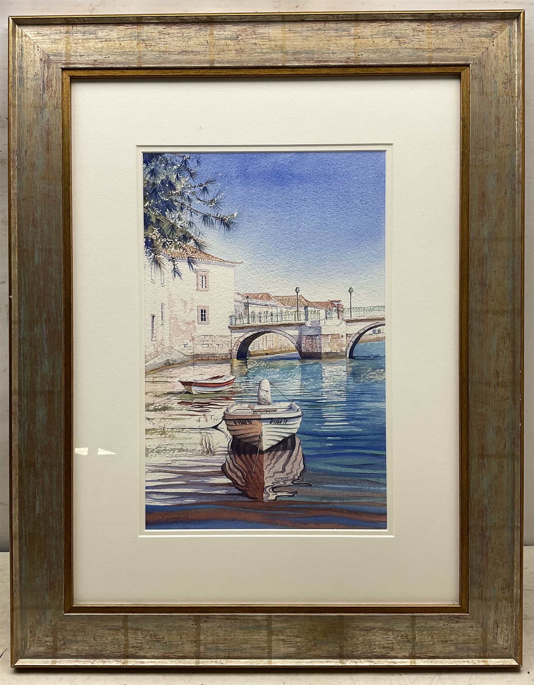 Sarah Garforth (British Contemporary): 'Tavira Roman Bridge Portugal', watercolour signed, titled verso 40cm x 25cm