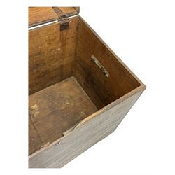 Early 20th century oak blanket chest, of rectangular form with iron strap hinges and surface-mounted drop handles, the interior fitted with iron lid stays, on bracket feet