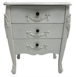 French design white painted chest, shaped top over three drawers, each with applied swags with flower heads, flanked by cabriole uprights with foliate mouldings