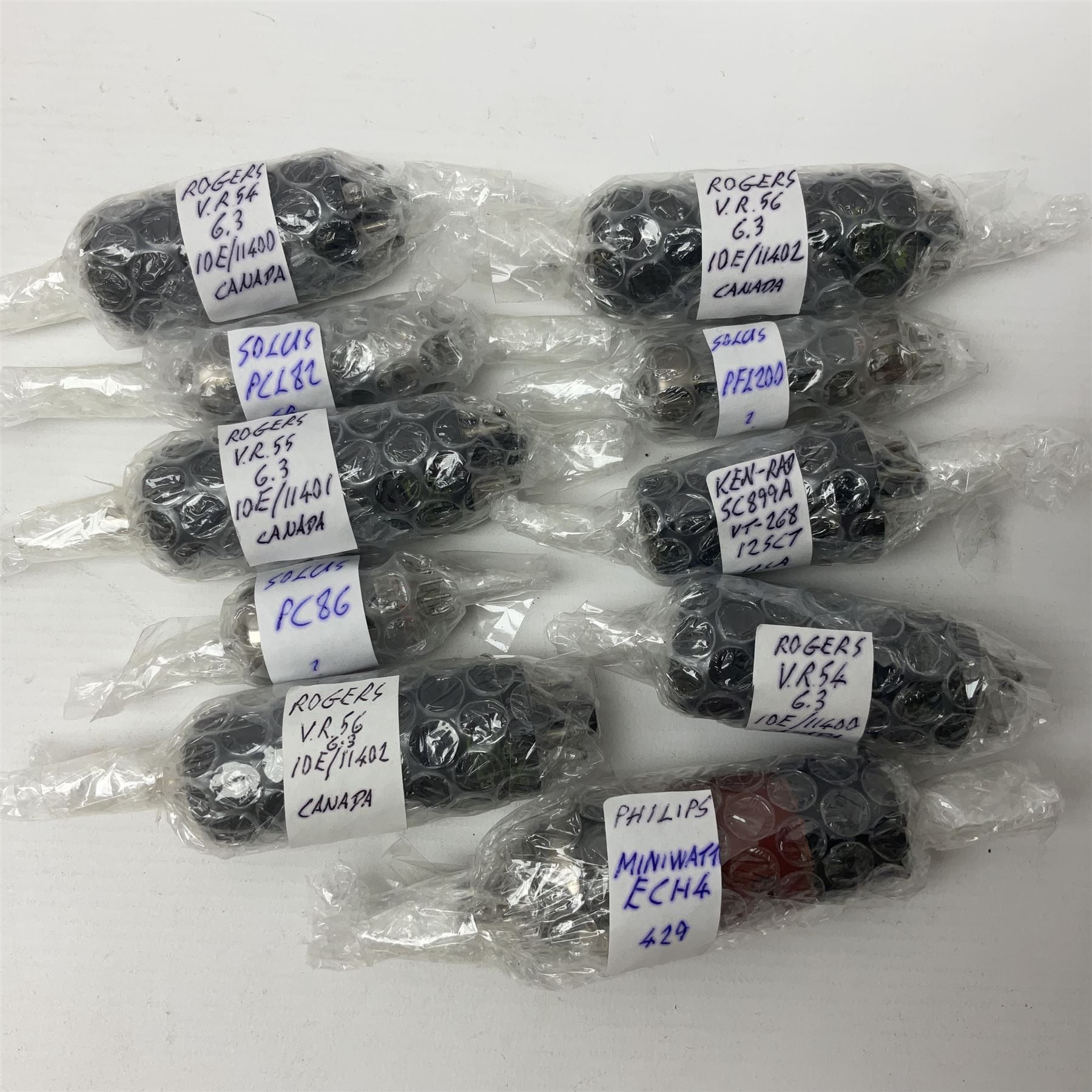 Collection of Philips, Rogers, Ken Rad and Solus, thermionic radio valves/vacuum tubes, including PZ30, PY800, U26, 30LI, approximately 30