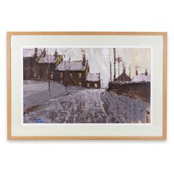 William Selby (Northern British 1933-): 'Cottages at Gunnerside' in Swaledale, oil on board signed, titled verso 45cm x 76cm