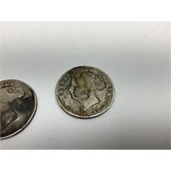 Queen Victoria 1875 and 1880 half crown coin, small number of pre 1947 Great British silver coins, three Queen Elizabeth II five pound coins, five two pounds, pre-decimal coins including pennies, brass threepence pieces etc