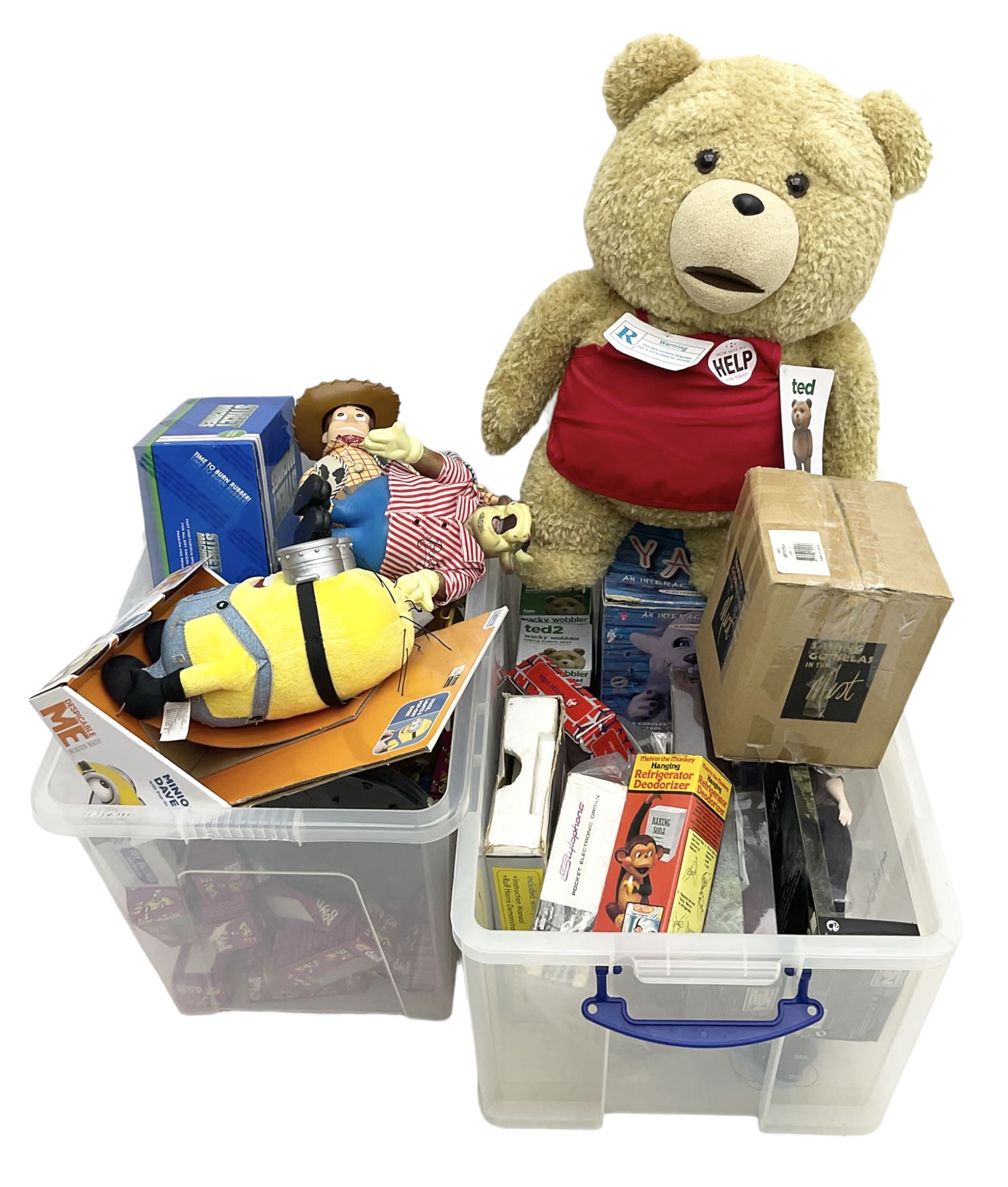 Two Barbie Pink Label Twilight figures in boxes, Ted wacky wobblers in boxes, Minion Dave in box, Toy Story Woody doll etc in two boxes