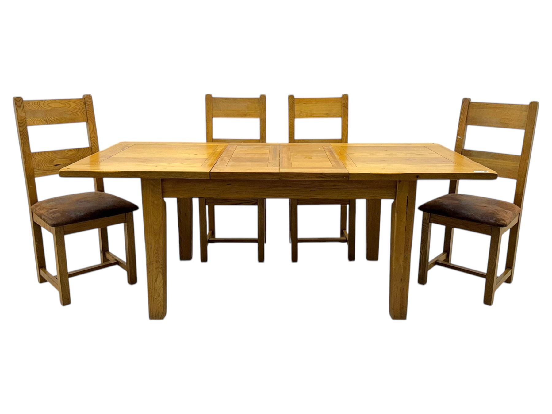 Solid oak extendable dining table and set of four matching chairs, two leaf inserts, with breadboard ends on tapered square supports (Extended length 205cm)