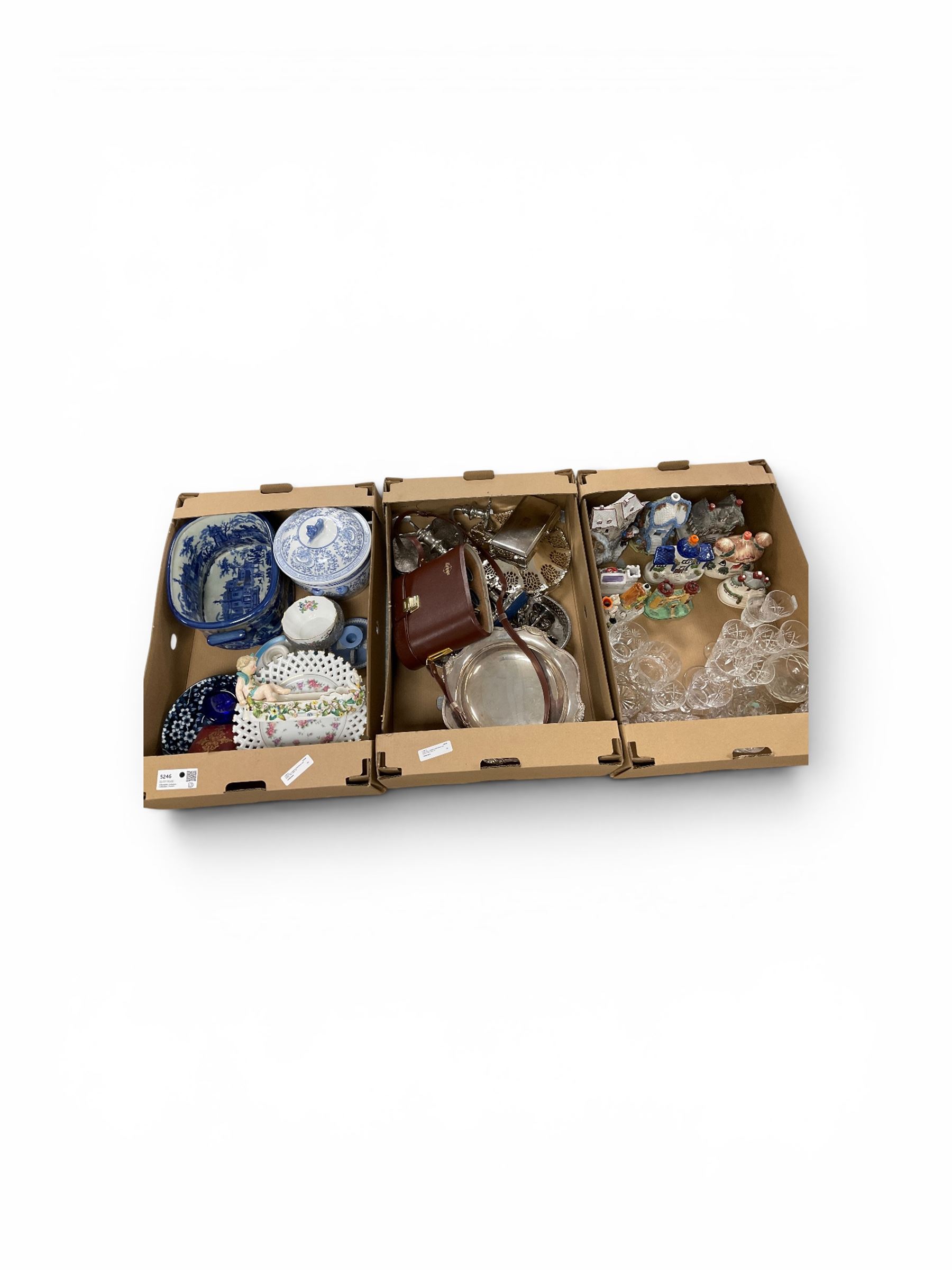 Collection of Staffordshire style houses together with silver plate and similar items, in three boxes  
