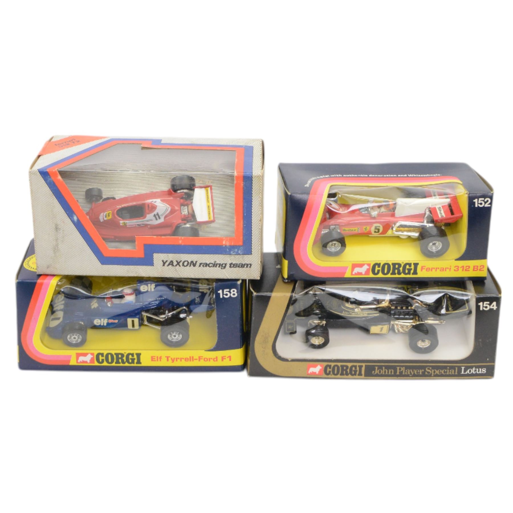 Collection of diecast Formula 1 and similar racing cars, comprising 1:14 scale Burago Lotus JPSMK4, eleven Corgi examples including 154 John Player Special Lotus, 155 Shadow and 159 Patrick Eagle Racing Car and five Yaxon Racing Team examples, all boxed