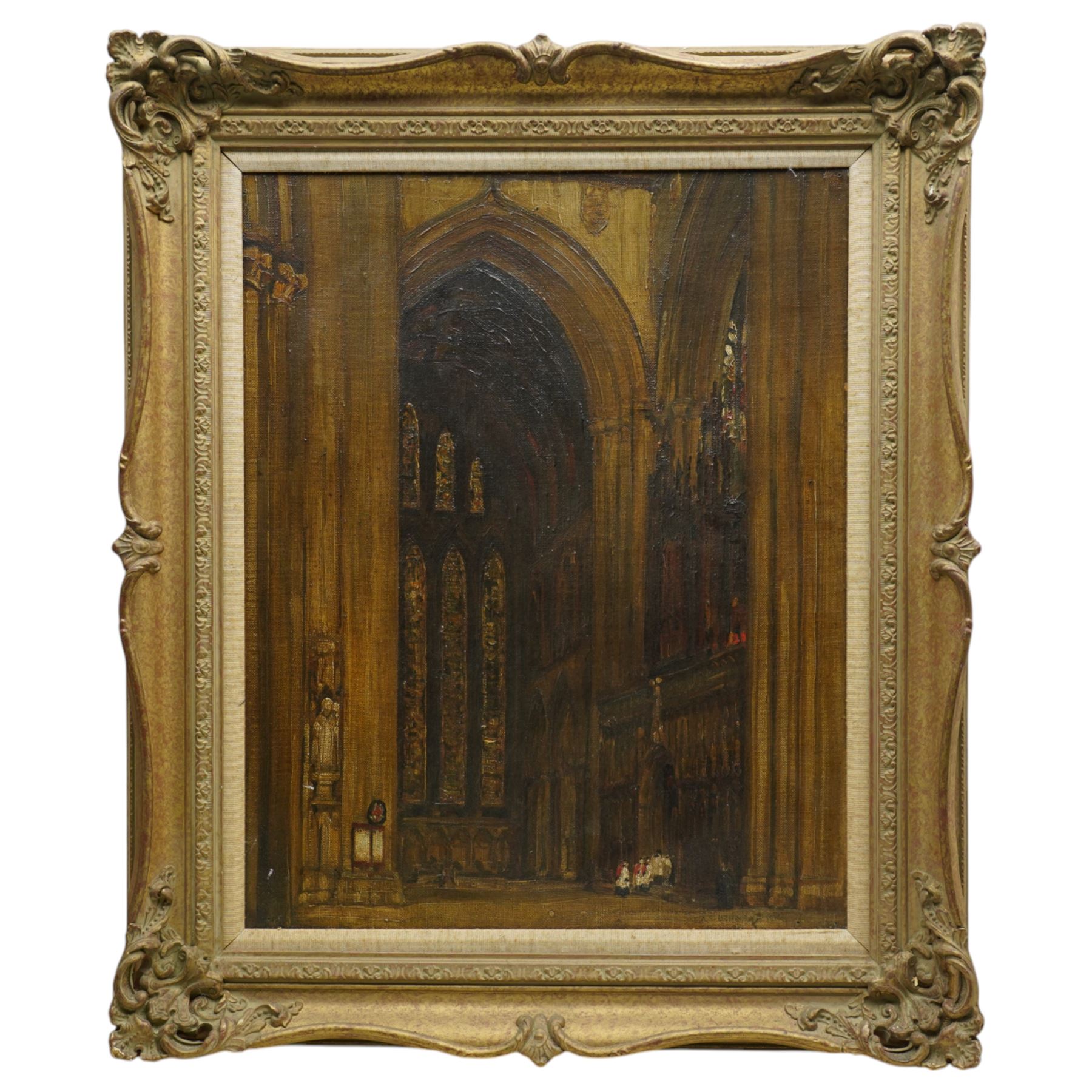 Ernest Alfred Sallis Benney (British 1894-1966): Interior of York Minster looking towards the Seven Sisters Window, oil on canvas signed and dated 1916, 49cm x 39cm 