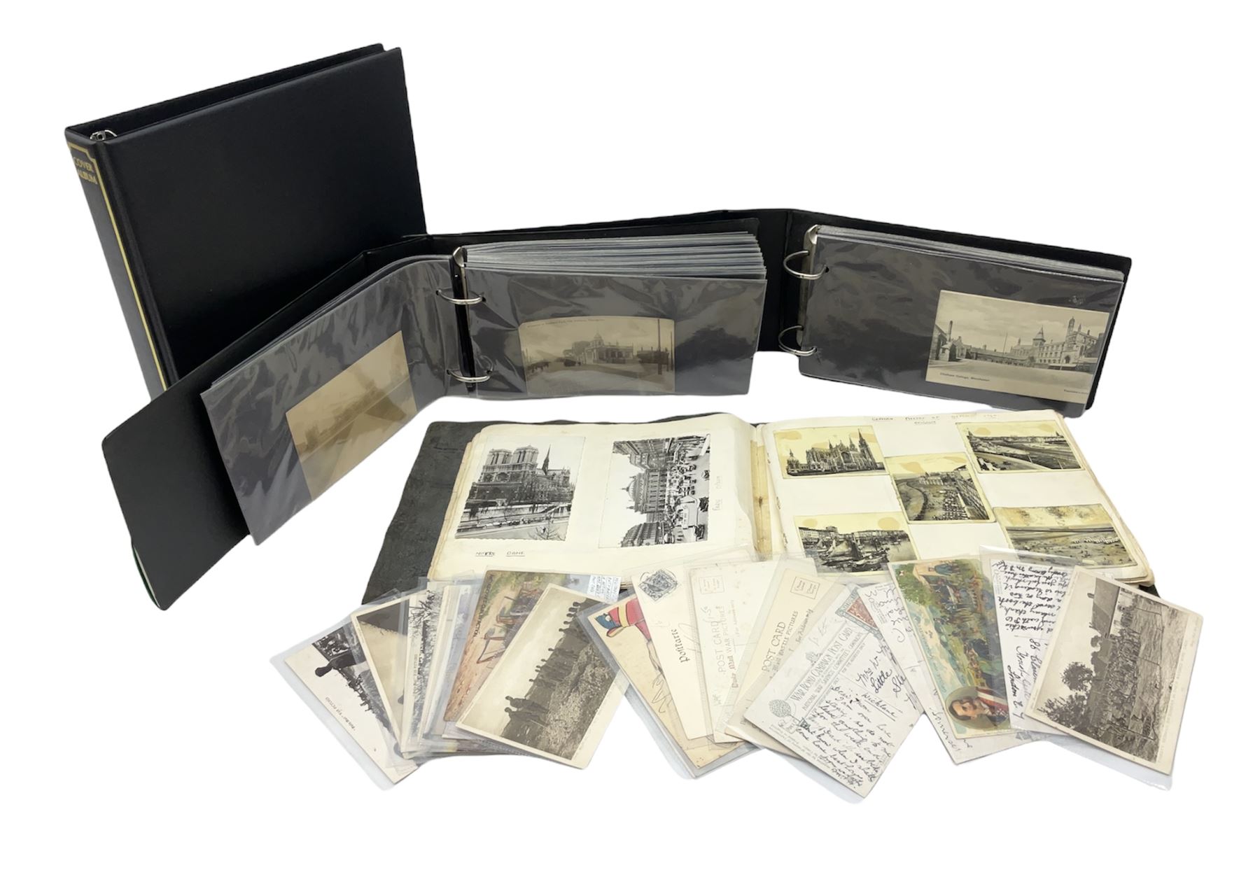 Postcards and postal history, including WWII period items, topographical postcards, military themed postcards including 'Daily Mail Battle Picture', 'War Bond Campaign Post Card' etc, housed in three ring binder albums, and an album containing various photos of men in military uniform dating from the late 1940s