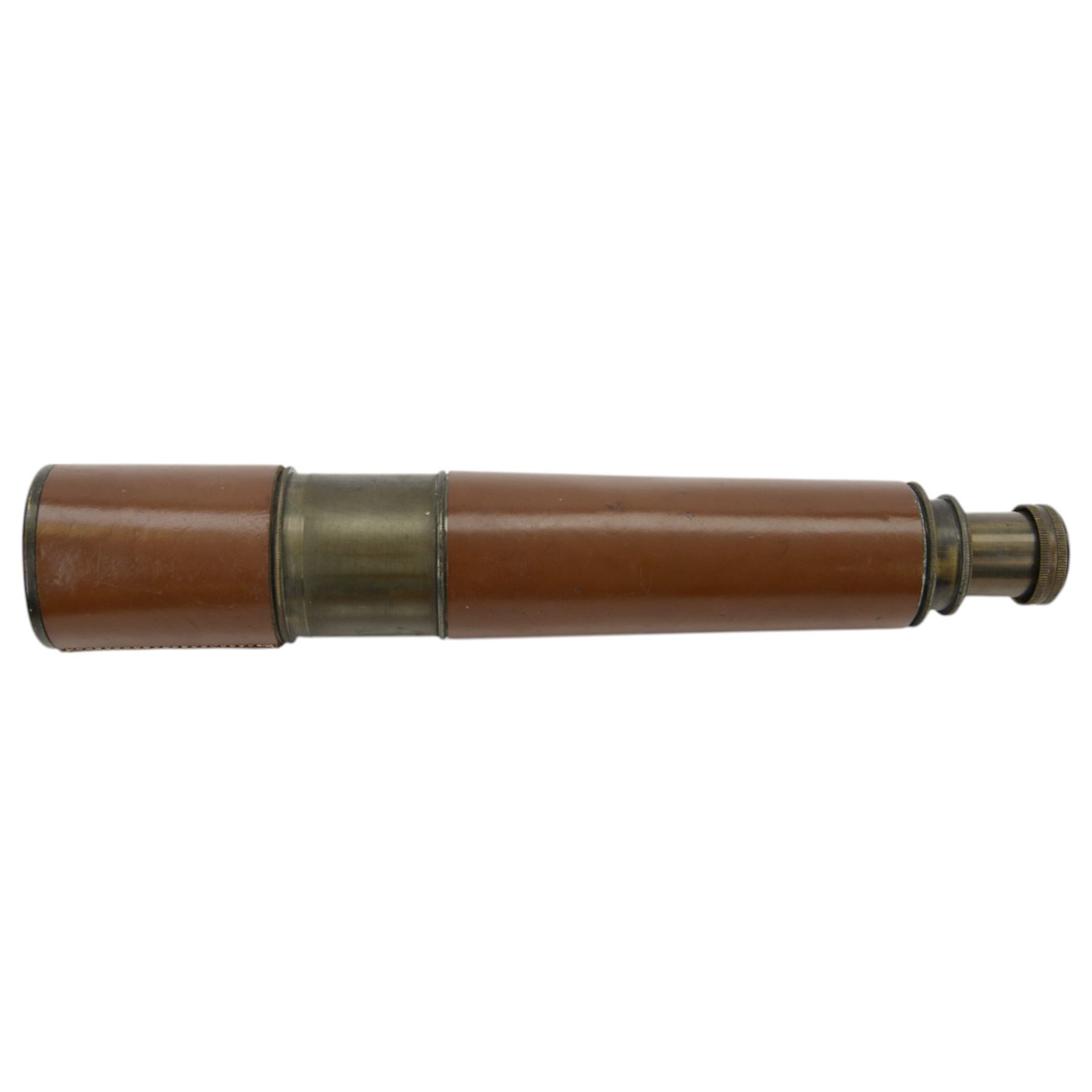 British WWII brass and leather telescope, marked tele. sct. regts mkII, with broad arrow,  mark, together with a brass three draw telescope 