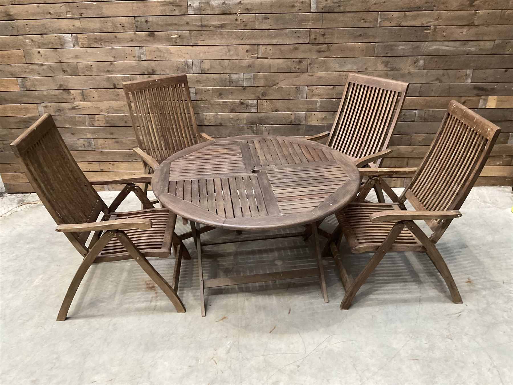 Garden teak table with set four high back reclining chairs