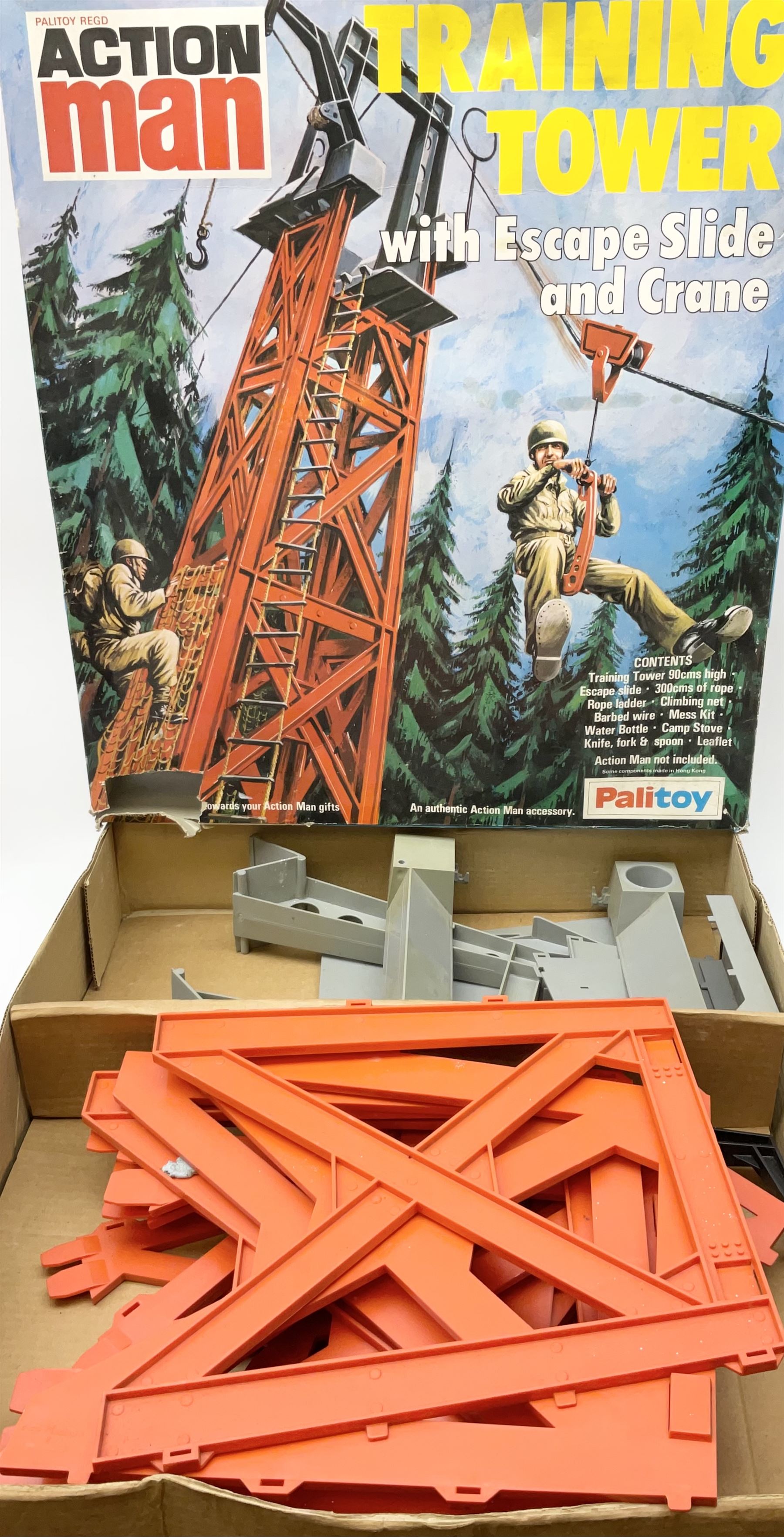 Palitoy Action Man - boxed Pursuit Craft and another unboxed part craft; together with a boxed Training Tower and another unboxed part tower