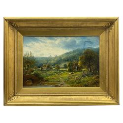 Robert John Hammond (British fl.1882-1911): Valley Landscape with Figures Sheep and Cottages, oil on canvas signed and dated 1901, housed in quality heavy gilt frame 35cm x 51cm