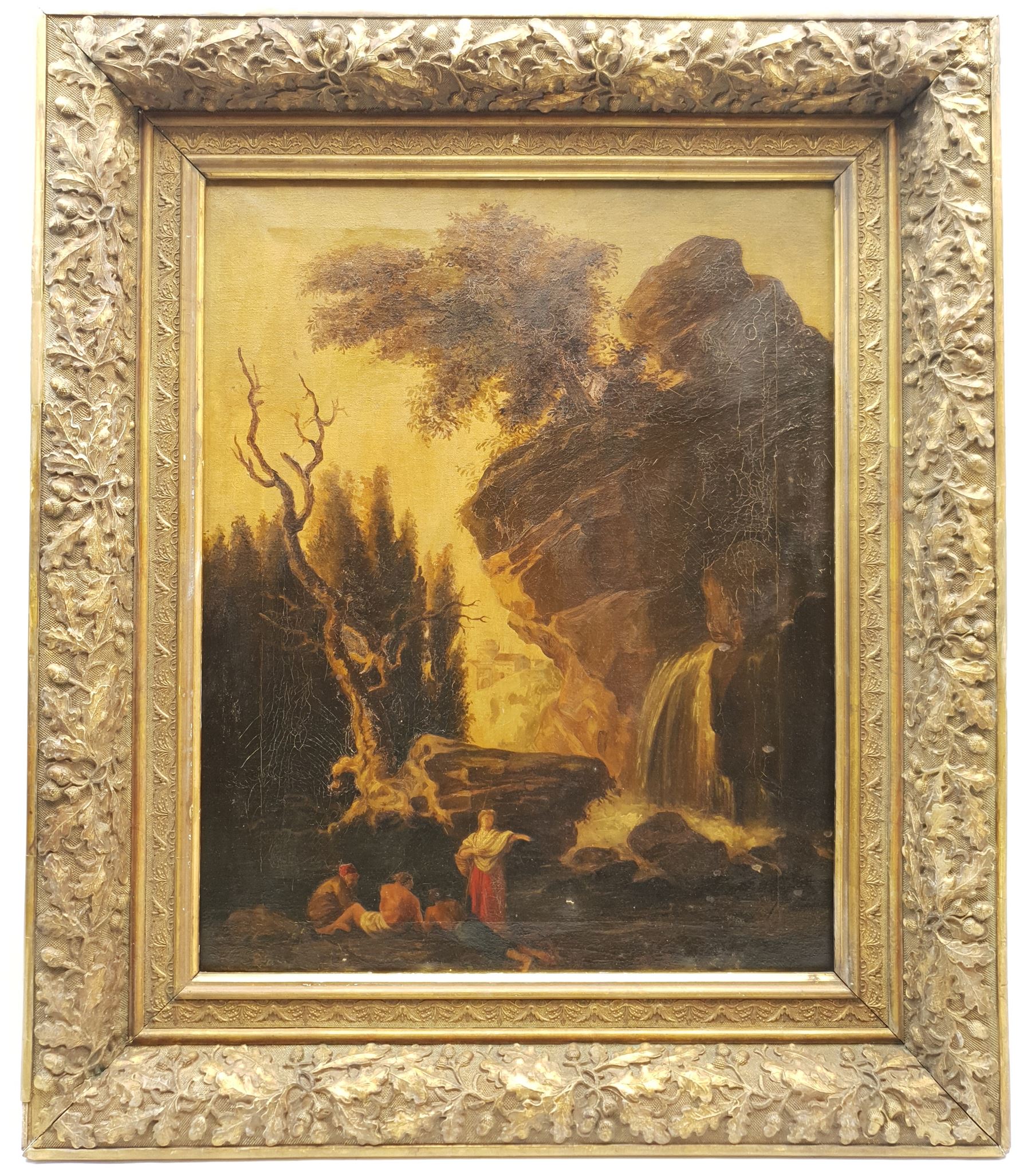 A Follini (Italian 19th century) after Vernet Giuseppe: Landscape (Paesaggio) copied from the original in the Galleria Pitti Firenze, oil on canvas, inscribed verso with artist's address 8 Piazza Santa Croce Firenze 50cm x 40cm