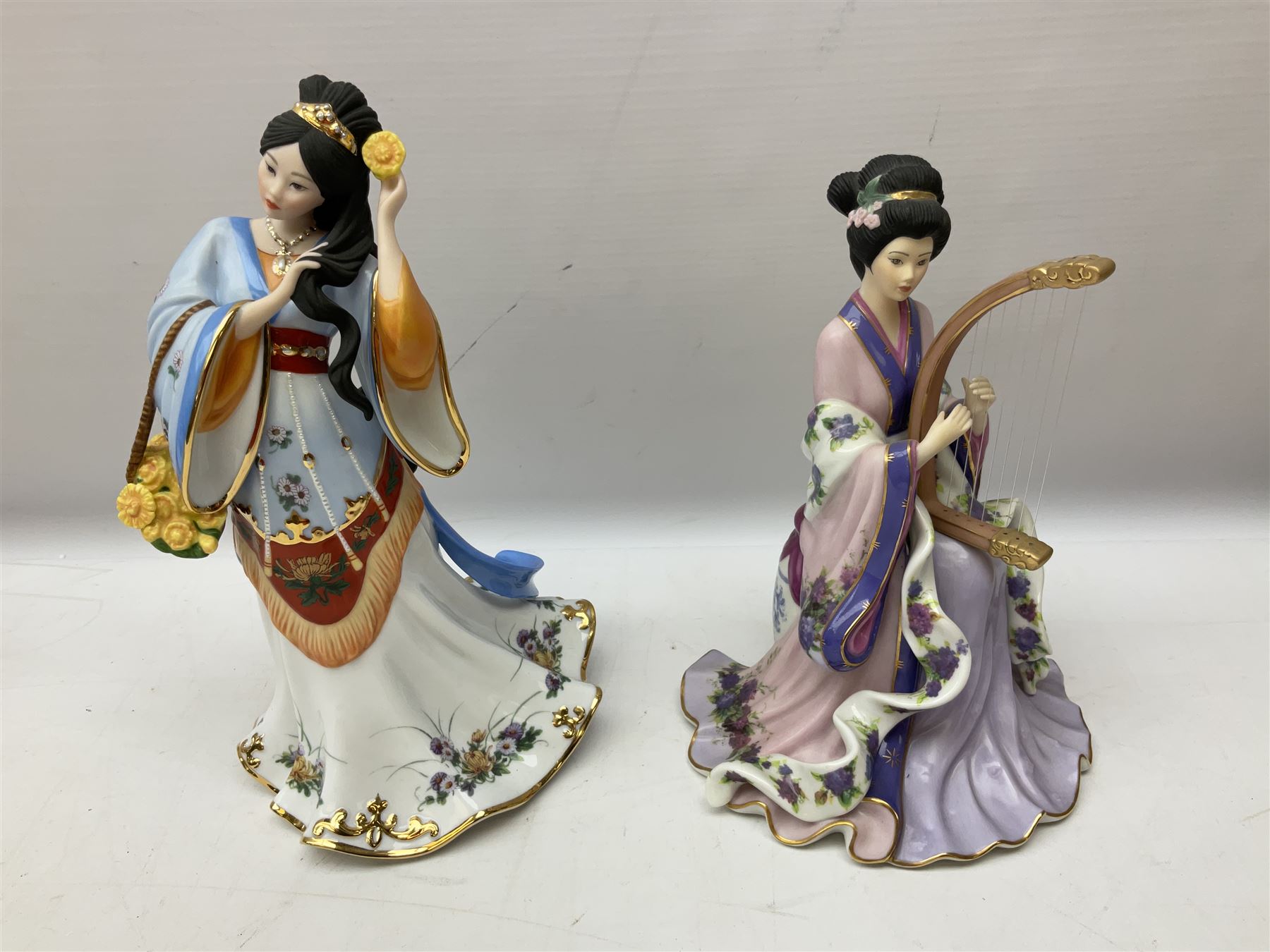Five Danbury Mint Princess figures by Lena Liu, comprising Harp Princess, Plum Blossom Princess, Chrysanthemum Princess, Rose Princess and Iris Princess, one with certificate, all with marks beneath