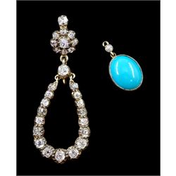 Pair of 19th / early 20th century gold and silver turquoise and old cut diamond pendant earrings, detachable oval cabochon turquoise pendants suspended within graduating diamond surround, total diamond weight approx 2.40 carat