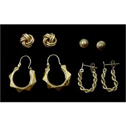Four pairs of 9ct gold earrings including knot studs and geometric hoops