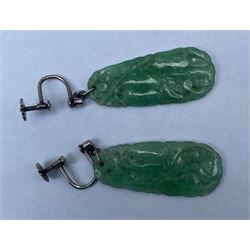 Pair of 18ct white gold carved jade pendant screw back earrings