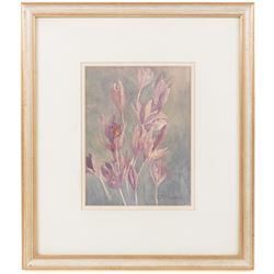 Edith Brearey Dawson (née Robinson) (British 1862-1928): Purple Flowers, watercolour signed 20cm x 15cm
Notes: Edith was the daughter of a Quaker Schoolmaster living in Scarborough as early as 1881, she studied under Albert Strange at the Scarborough School of Art, exhibiting at the Royal Academy and the RBA between 1889 and 1893. She married fellow artist Nelson Ethelred Dawson in 1893 then moving to London she mostly abandoned painting in favour of metal and enamel work.