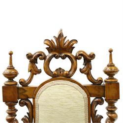 Victorian carved walnut side chair, the ornate high back with pierced and carved scrolled cartouche cresting rail, the back panel and sprung seat upholstered in sage green fabric, flanked by scrolling acanthus leaves and spiral turned pilasters, raised on scroll carved cabriole legs with ceramic castors