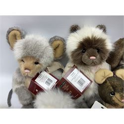 Nine Charlie Bears, comprising three limited edition examples, Fauna SJ6017, designed by Isabelle Lee, 105/240, Little Miss Muffet CB205252O, 648/1000, and Romano CB202020, 405/600, plus Roulade CB202047, Clawdia CB171796, Annabelle CB171782, and Seek CB161691, each designed by Isabelle Lee, and Scrambles CB185194, and Baabahrah CB205251O, all with tags 