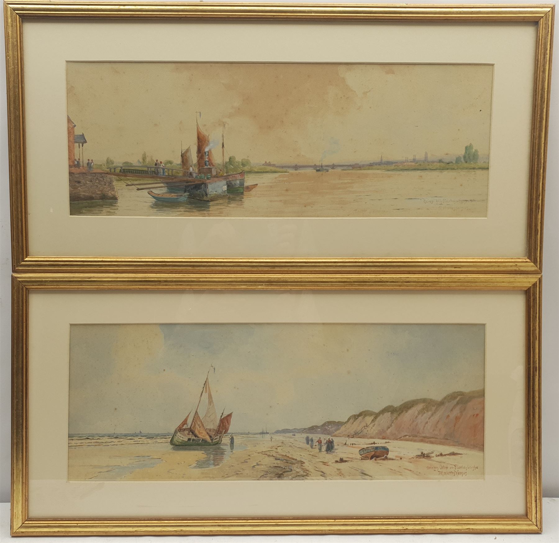 R Warren Vernon (fl.1882-1908): 'Between Ostend and Blankenberghe' and 'Mains from Biebrich on the Rhine Wiesbaden', pair watercolours signed and titled 21cm x 58cm (2)