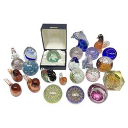 Millefiori glass paperweight ink pot, together with two millefiori paperweights and other paperweights including caithness examples 