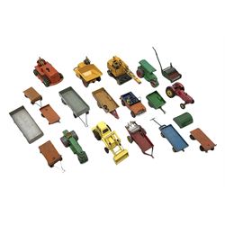 Dinky - nineteen unboxed and playworn/repainted die-cast models including Muir Hill Dumper, Muir Hill 2WL and Heavy Tractor; all repainted; Coles Mobile Crane, two Aveling-Barford steam rollers; Massey-Harris tractor and manure spreader; Land Rover; nine various trailers etc (19)