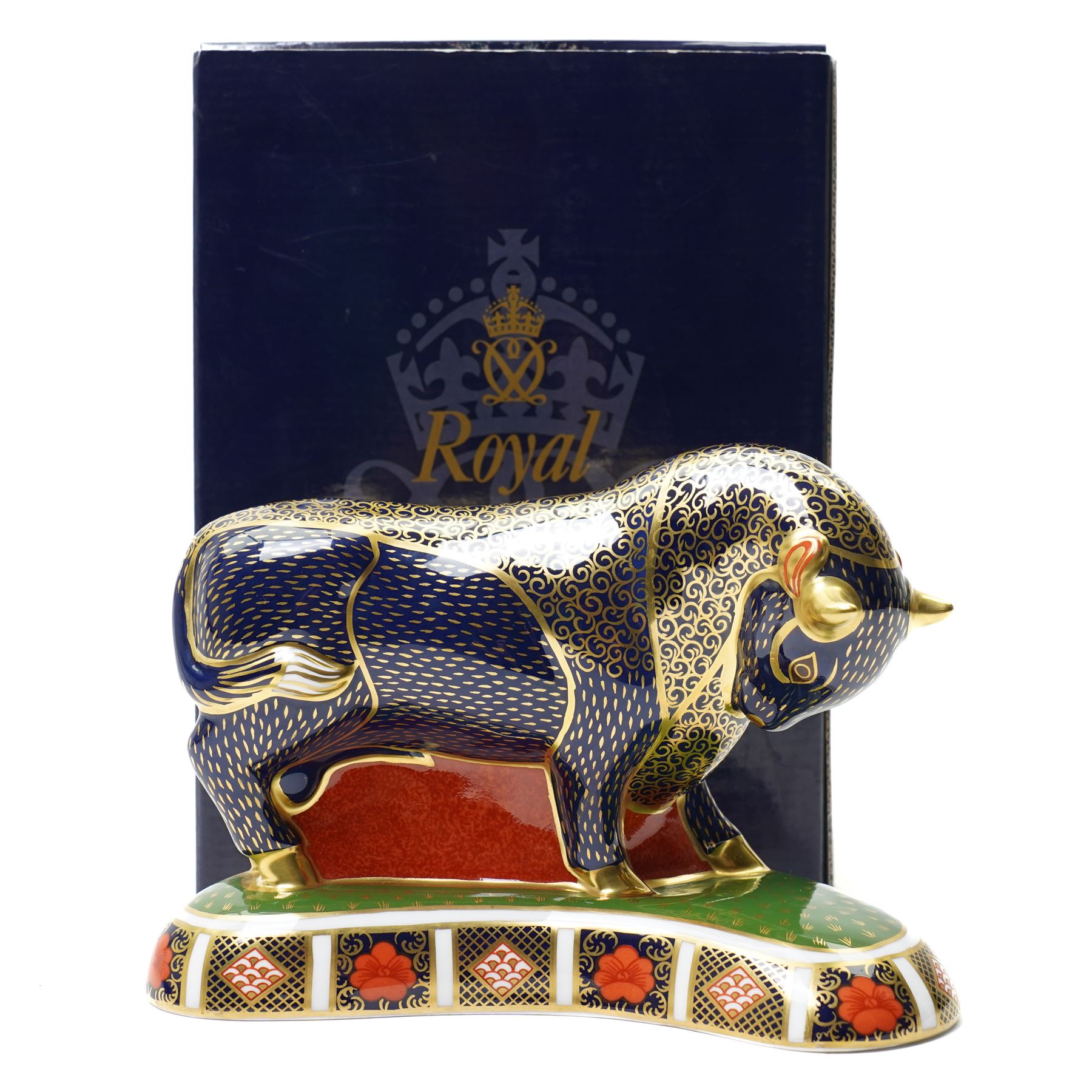 Royal Crown Derby Grecian Bull paperweight, with gold stopper, boxed