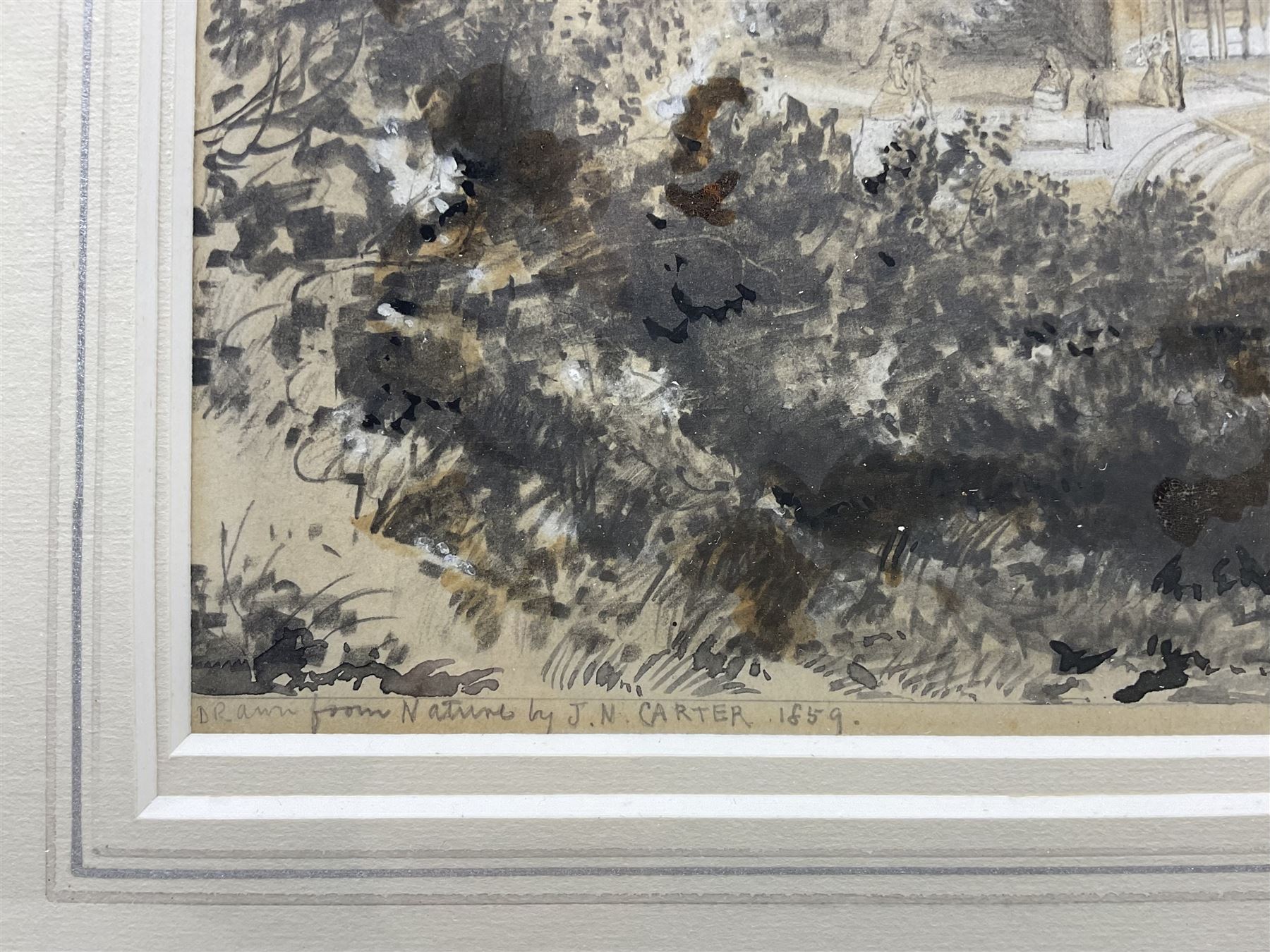 Joseph Newington Carter (British 1835-1871): 'The New Music Hall Scarborough, South Front' - View of The Spa, pencil ink and wash signed and inscribed 'Drawn from Nature 1859', 25cm x 35cm 
Provenance: private local collection, purchased Walker Galleries, Harrogate 1997, label verso 
Notes: a rare and important JN Carter original drawing for a later lithograph by F Jones, printed by Day & Son, pub. SW Theakston - sold together with an example of the lithograph 26cm x 35cm (2)