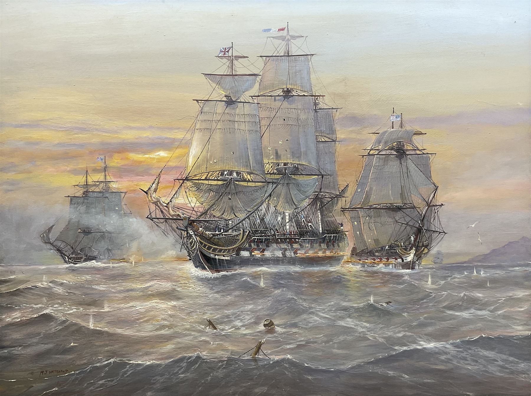 Michael J Whitehand (British 1941-): Naval Battle, oil on canvas signed 75cm x 100cm