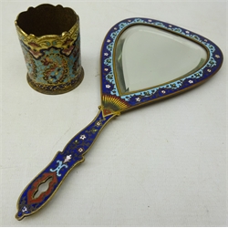  19th/ early 20th century French Champleve hand mirror with bevel plate and small Champleve vase (2)  
