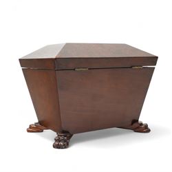 20th century amboyna tea caddy, of sarcophagus form, on paw feet, W22cm