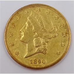  United States of America 1890 gold twenty dollars coin, S mint mark  