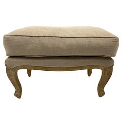 French rectangular footstool, upholstered in hessian type cover, with loose cushion top