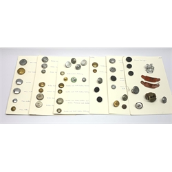 BR North Eastern Ticket Collectors totem cap badge and a similar British Railway badge, both by J.R.Gaunt, a North East Railway enamel pin badge British Railways cap badge, and a collection of Railway, Police and Bus Co. buttons, etc