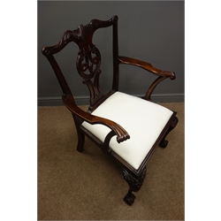  19th century Chippendale style elbow chair, cresting rail carved with scrolled acanthus leaves, pierced splat, scrolled arm terminals, upholstered drop in seat, cabriole legs with ball and claw feet, cartouche and flower head carvings to knees   